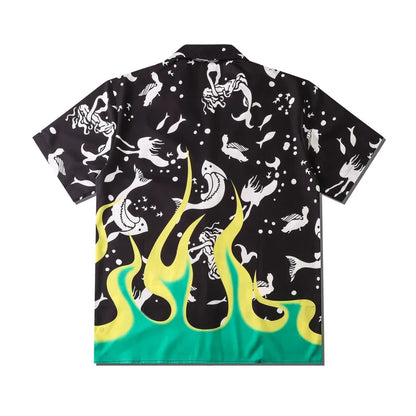 Stylish Flame Skull Printed Hawaiian Shirt Men 2024 Summer New Short Sleeve Beach Shirts Mens Holiday Party Oversized Clothing