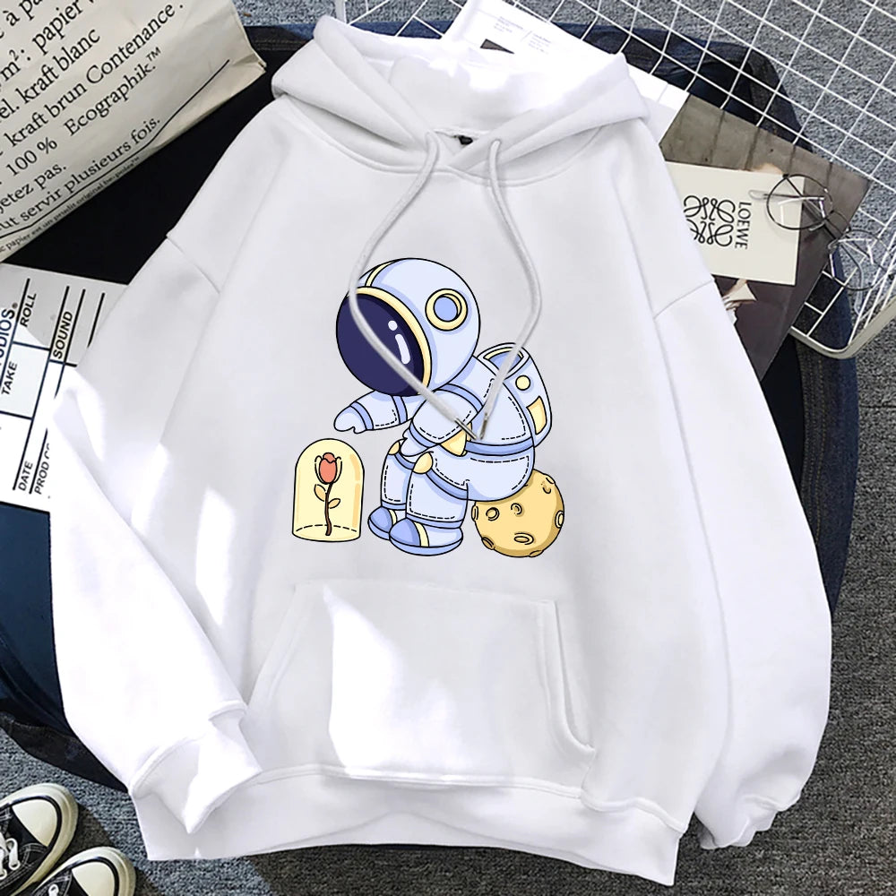 Funny Astronauts Protecting Flowers Pattern Female Clothes Fashion Warm Hooded Loose Casual Hoodies Fleece Pocket Women Pullover