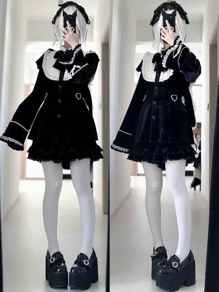 Women's Lolita Outfits Women's Mine Series Mass Production Japanese Slim-Fit Long Sleeve Velvet Dress and Shorts Two-piece Set