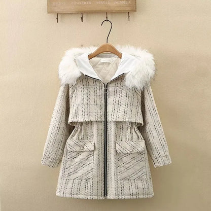 Plus Size Women's Clothing Quality Winter Jacket Detachable Fur Collar Hooded, Cotton And Thickened Windbreaker Tweed Fabric