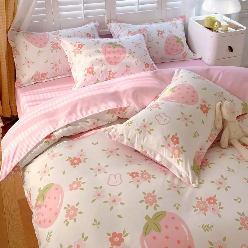 Cute Pink Strawberry Duvet Cover Flat Sheet Pillowcase Floral Bedding Set Girls Bed Linen Soft Thick Washed Cotton Bedclothes