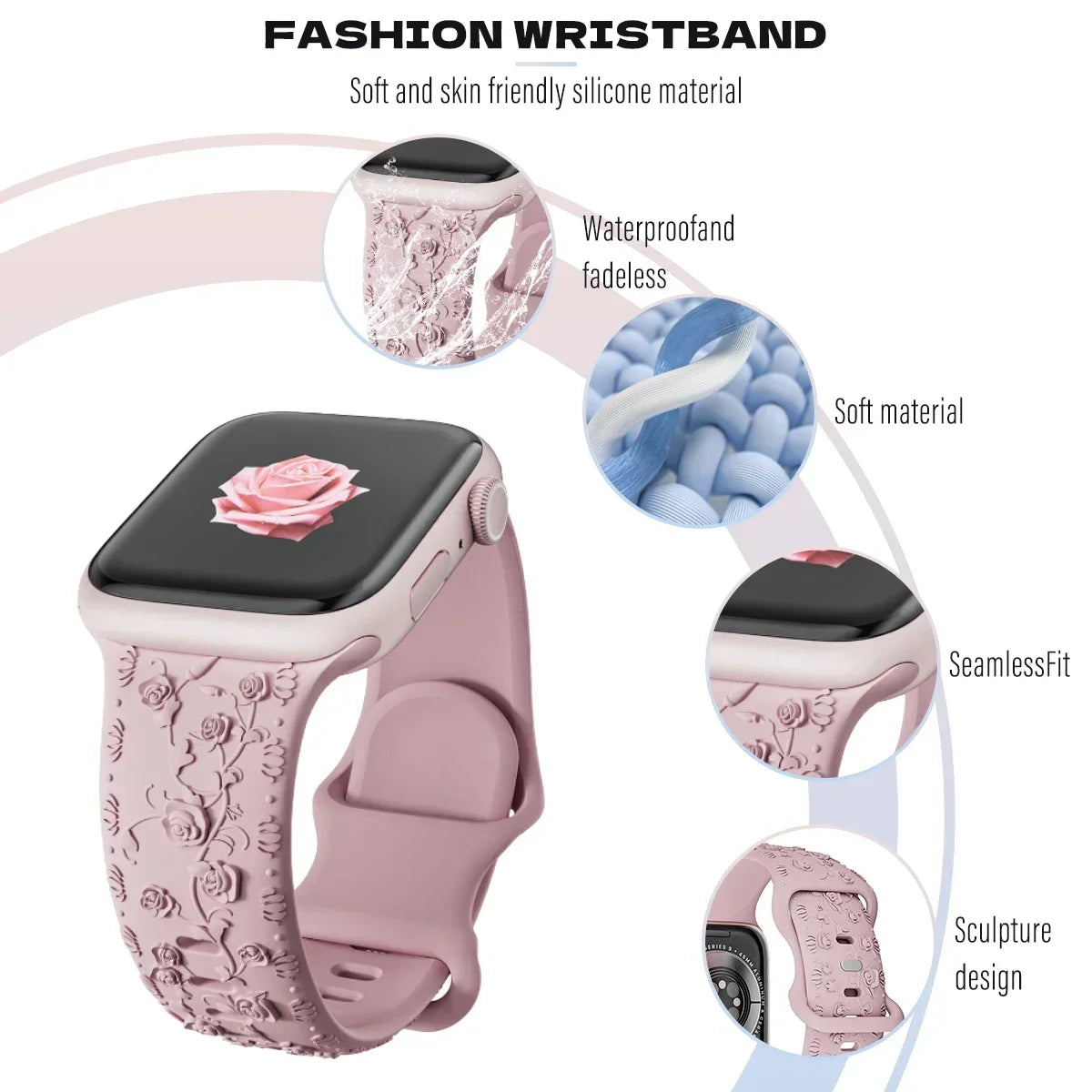 Floral Engraved Strap For Apple Watch Band 40mm 44mm 41mm 49mm 45mm 38mm 42mm silicone bracelet iwatch series 9 7 se 6 8 ultra 2