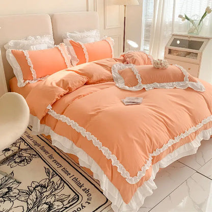 Elegant Lace Bedding Sets Luxury Bed Linen Princess Washed Cotton Ruffle Duvet Cover Bed Sheet and Pillowcases for Girl Luxury