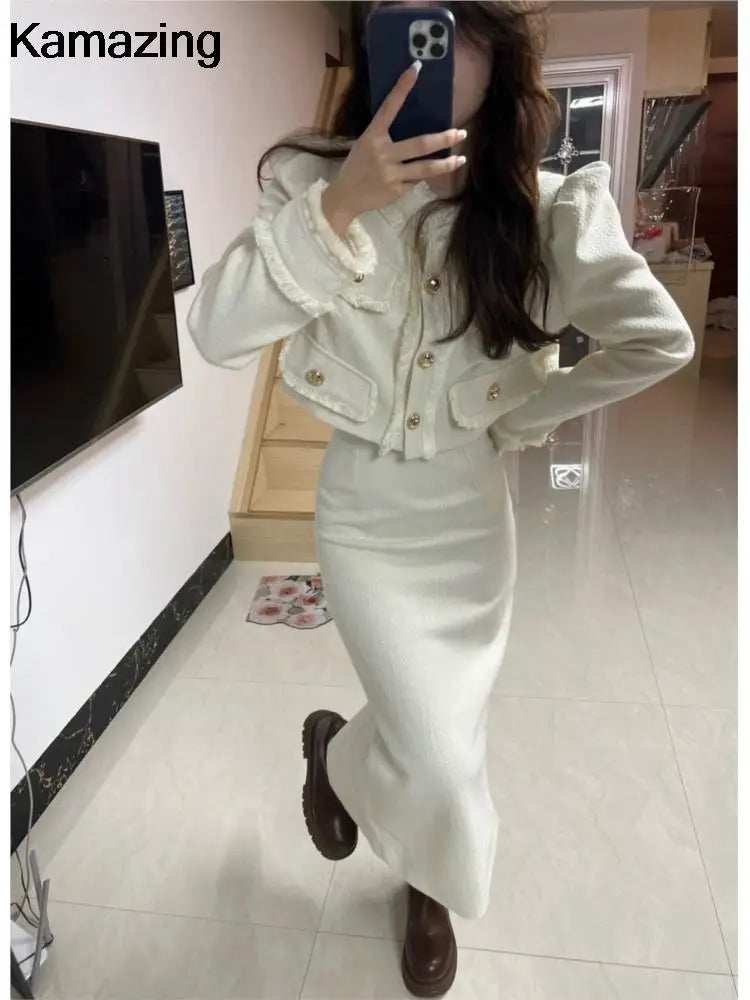 Korean Fashion Elegant Two-piece Skirt Sets Women Crop Jacket Coat Bodycon Midi Skirt Autumn Winter New Female Luxury Outfits