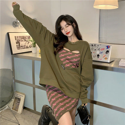 Women Clothing 2022 Spring Autumn Women Fashionable Heart Hollow Out Long Sleeve Hoodie Dress Casual Sweet Women Two Piece Set