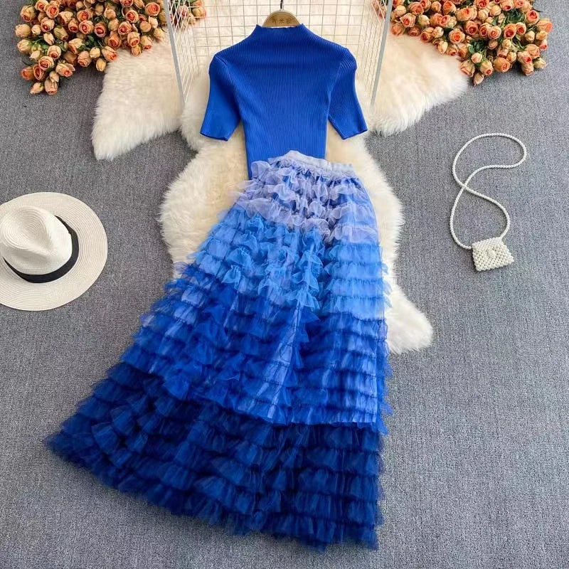 Runway Autumn Winter Two Piece Set Luxury Women Pearls Golden Button Knitted Sweater Tops + Mesh Ruffles Cake Long Skirt Suits