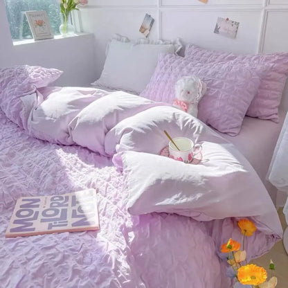 Princess Bedding Set  French Style Wash Cotton Solid Color Seersucker Summer Soft 2024New Bed Sheet Set Comforter Set