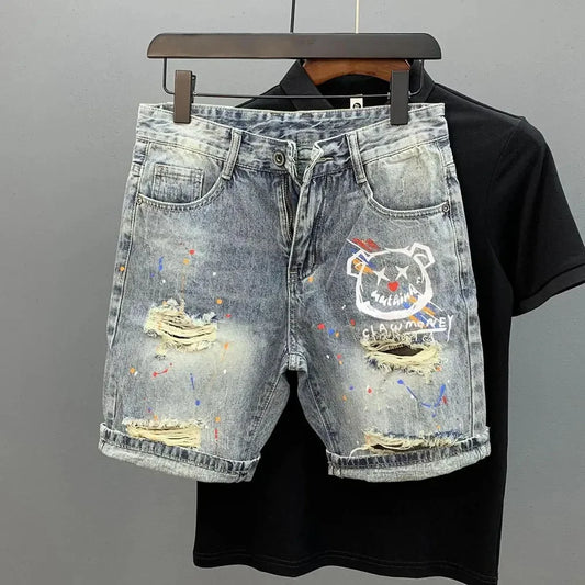 Mens Casual Y2k Cute Bear Print Ripped Denim Shorts Daily Versatile Youth Trend Personality Shorts Men's Clothing 2024 New