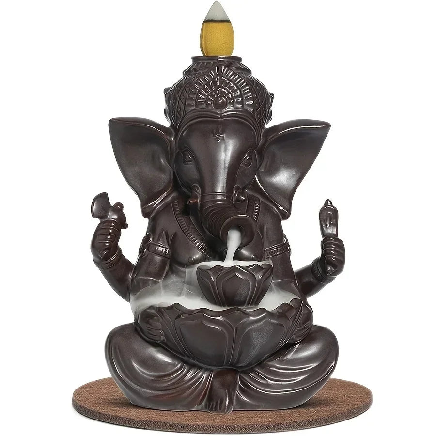 1pc Ganesha Waterfall Incense Burner, Ceramic Backflow Censer Incense Holder, Yoga Aromatherapy Elephant Ornament Home Decor