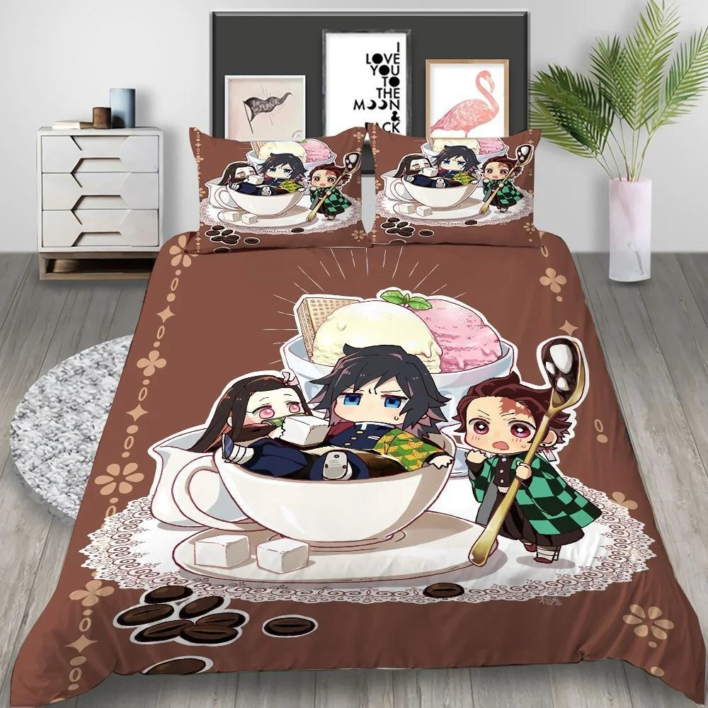 Cartoon Demon Slayer Bedding Set Duvet Covers Japan Anime 3D Printed Comforter Bedding Sets Bedclothes Bed Linen(NO Sheet)