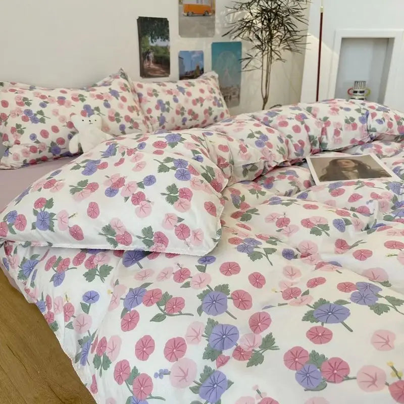 Ins Pink Flowers Bedding Set Fashion Flat Sheet Duvet Cover No Filling Pillowcase Twin Full Queen Nordic Boy Girl Bed Linen