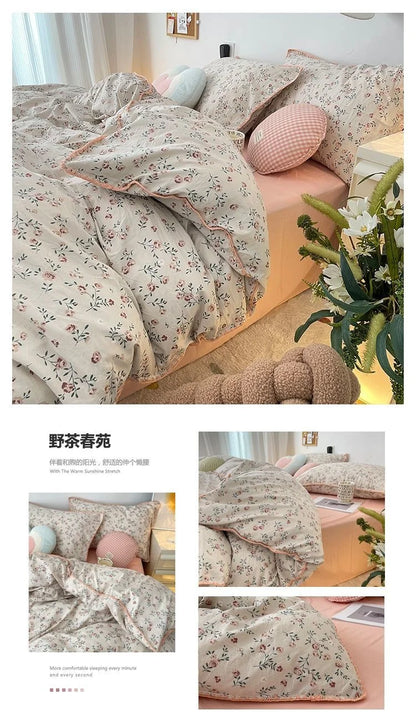 Bedding Set INS Girls Cherry  Soft Washed Cotton Bed Sheet Queen King Size Duvet Set  Comforter Set Pillowcase Bed Linens