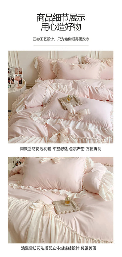 French Princess Style Bedding Sets Ruffle Lace Bow Quilt Cover Romantic Bedclothes Decor Woman Girls Bedroom Duvet Cover 4pcs