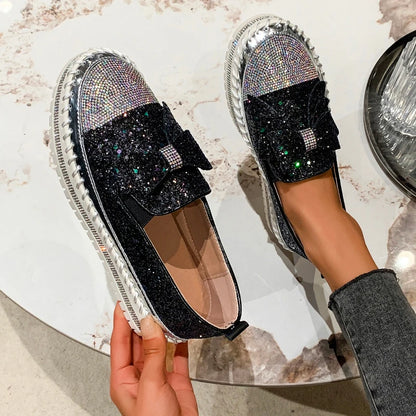 Fashion Women Shoes Shining Rhinestone Loafer Bowknot Slip-on Thick Botton Casual Ladies Crystal Female Platform Sneakers Sports