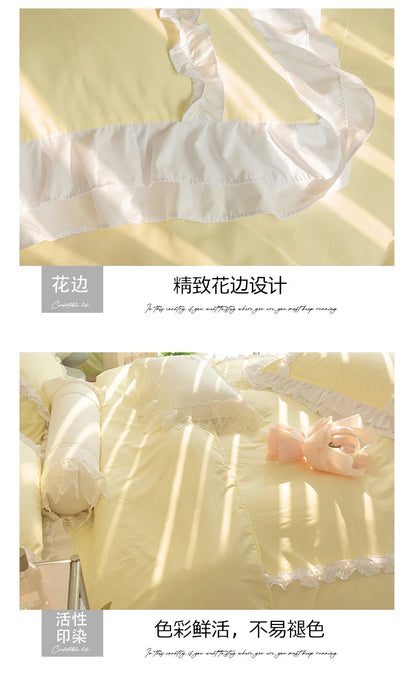 Korean Ins Bedding Set, Luxury Quilt Cover, Pillowcase Flat Bed Sheets, Simple Girl Princess Ruffle Home Textiles