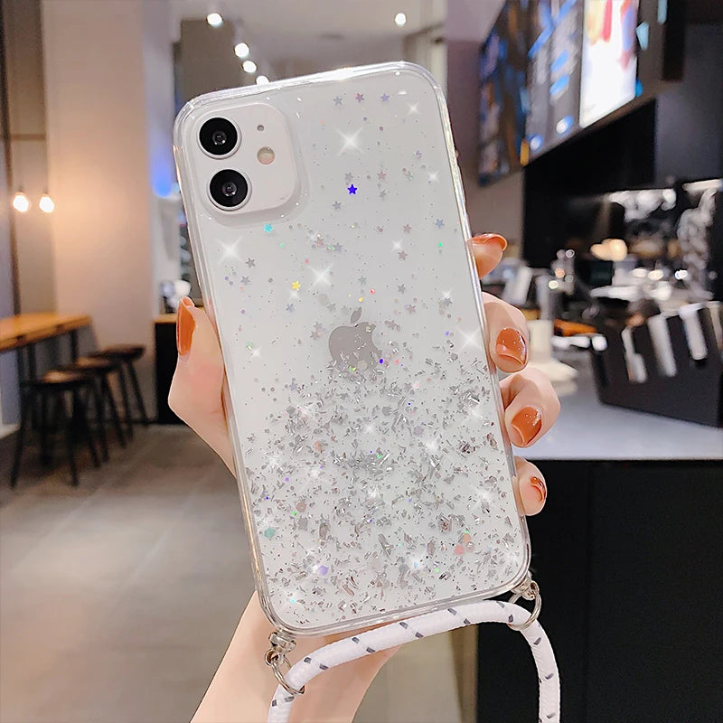 With Neck Strap Rope Cord Clear Glitter Case for iphone 11 12 13 14 15 pro max se 2 2020 2022 Crossbody Lanyard Cover Fundas