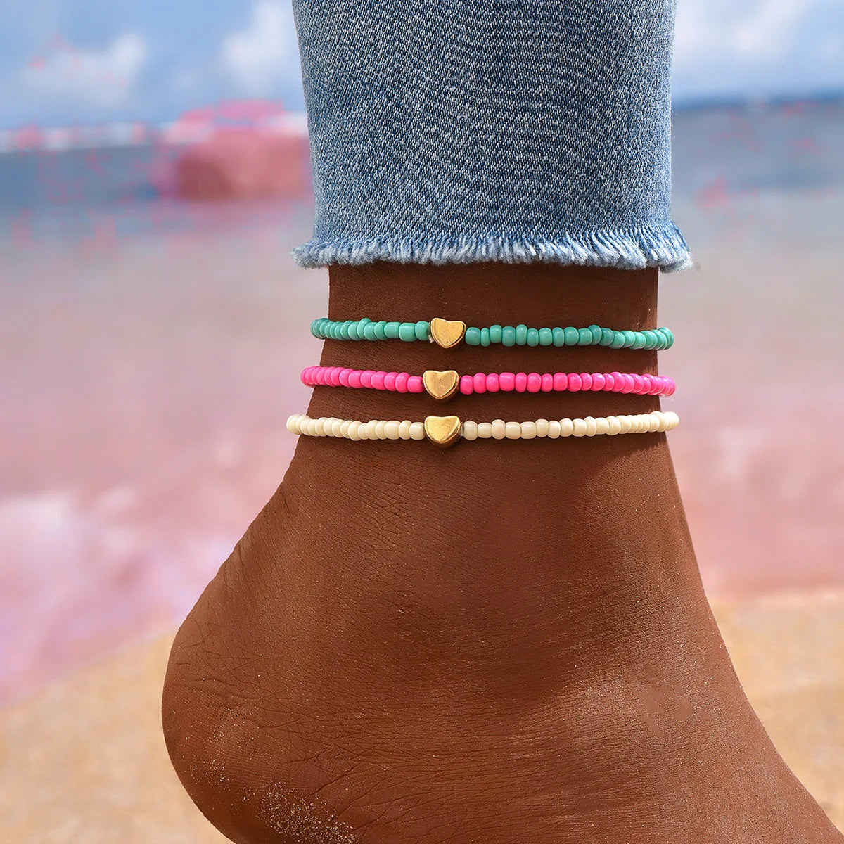 4pcs/set Boho Multilayer Beads Heart Chain Anklet Bracelet Charm Anklet Sandals Barefoot Beach Foot Bridal  Jewelry J043