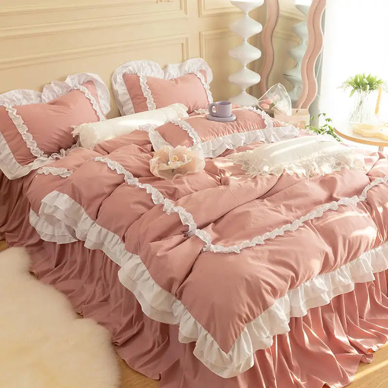 Korean Ins Bedding Set, Luxury Quilt Cover, Pillowcase Flat Bed Sheets, Simple Girl Princess Ruffle Home Textiles