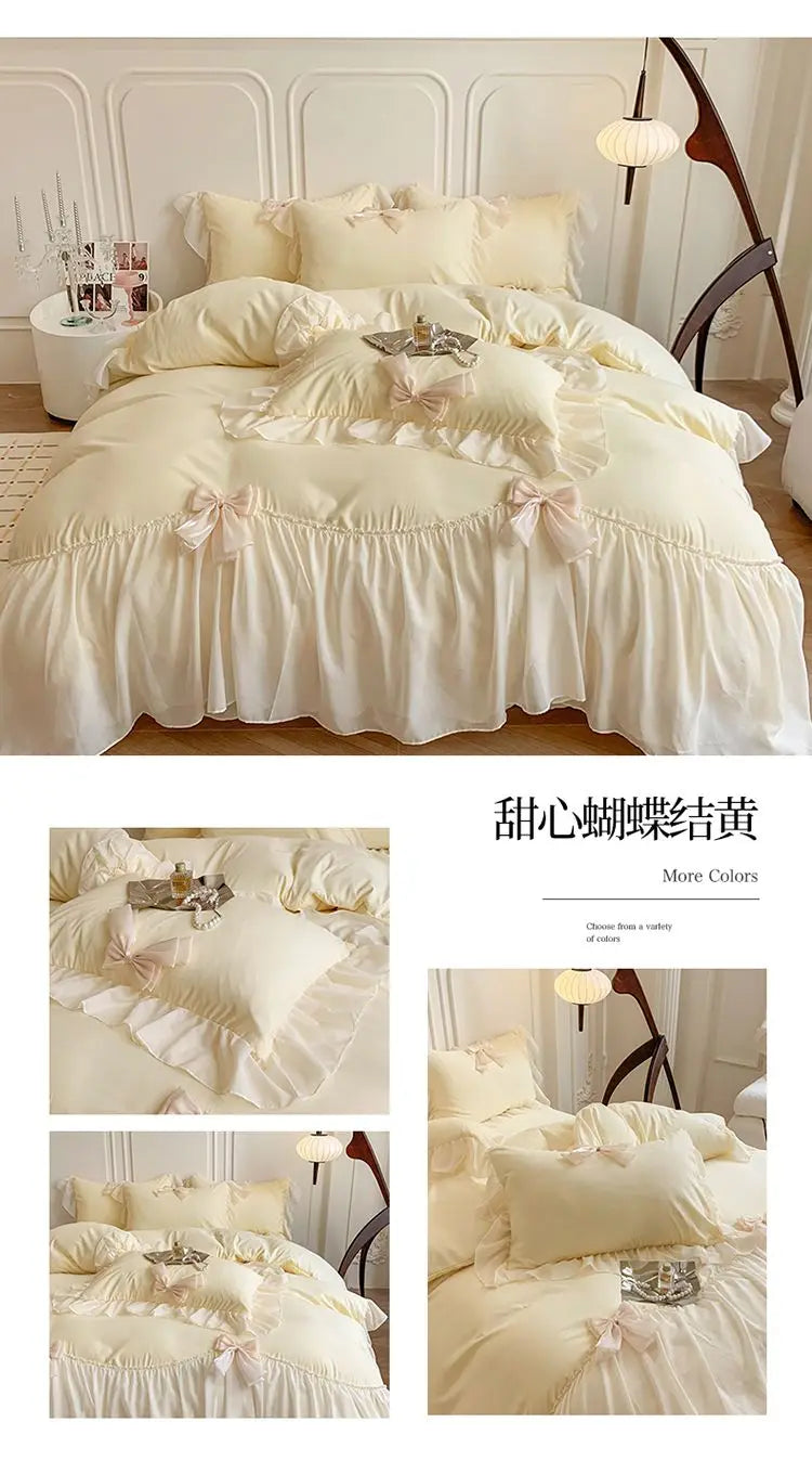 French Princess Style Bedding Sets Ruffle Lace Bow Quilt Cover Romantic Bedclothes Decor Woman Girls Bedroom Duvet Cover 4pcs