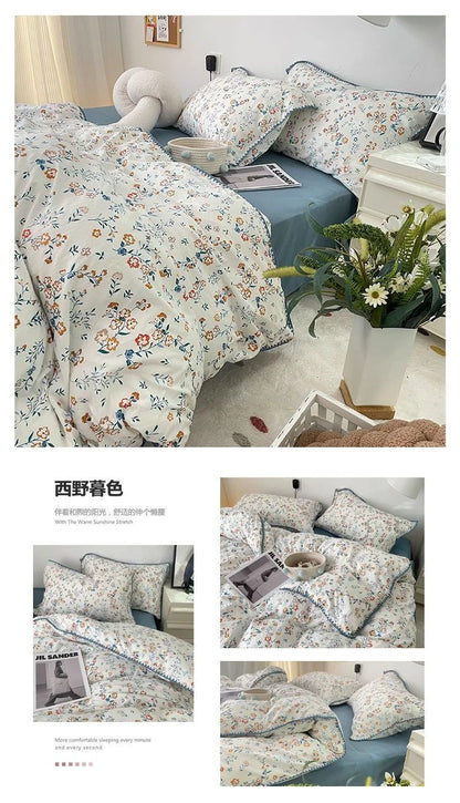 Bedding Set INS Girls Cherry  Soft Washed Cotton Bed Sheet Queen King Size Duvet Set  Comforter Set Pillowcase Bed Linens