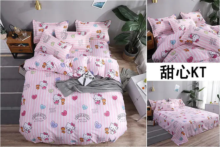 Sanrio Hello Kitty Cotton Bedding Set Cute Double Flat Sheet Duvet Cover Pillowcase Bed Linens Girl Dorm Bedclothes Home Textile