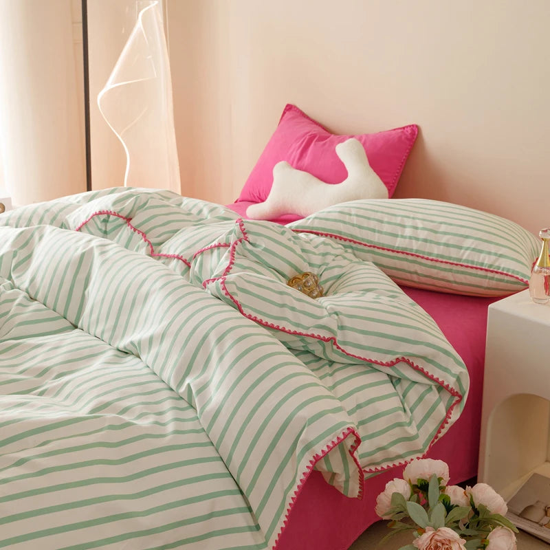 Striped Girls Flower Bedding Sets, Washed Cotton Bed Linens, Soft Quilt Cover Sheet Set, Simple Bedspread, Home Textiles