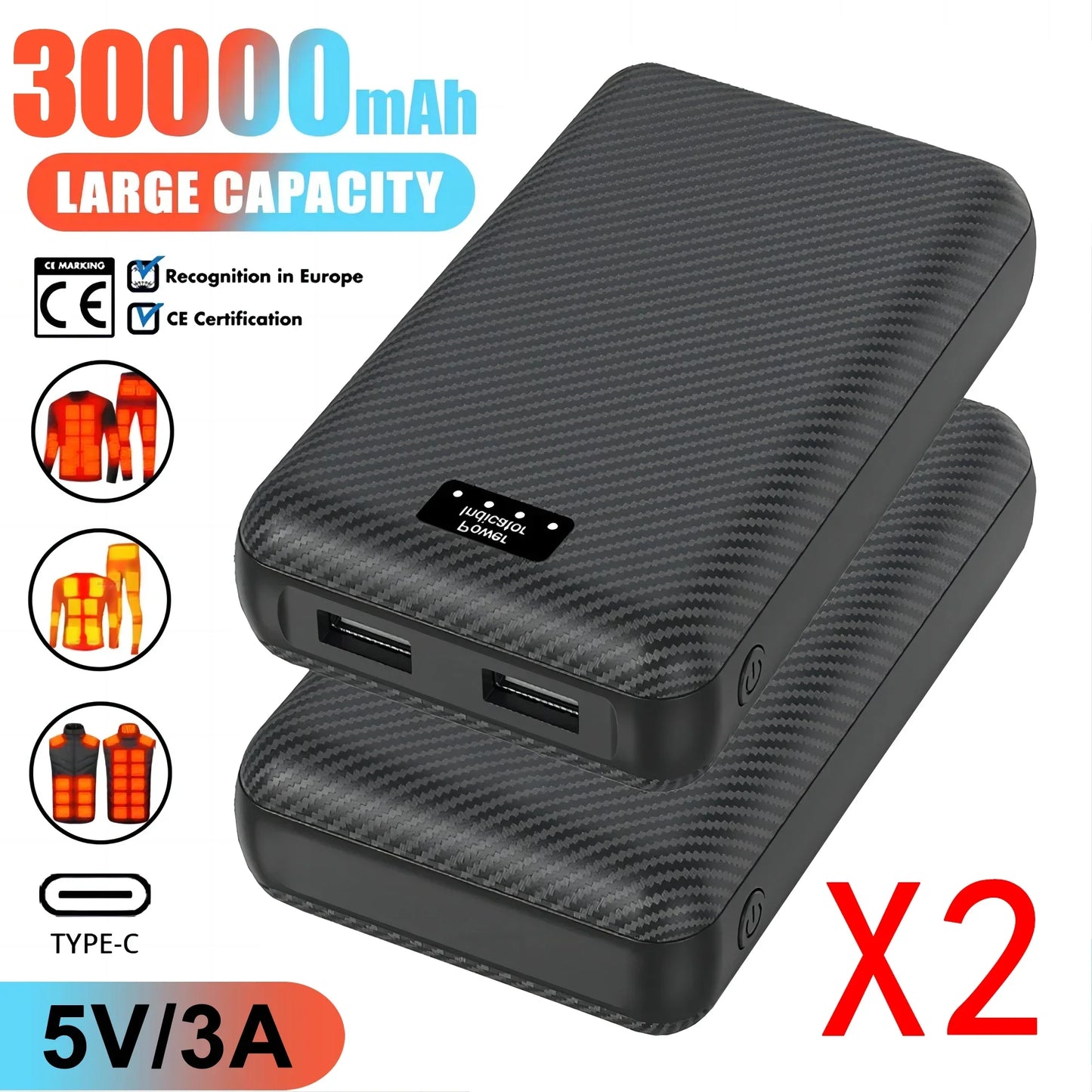 30000mAh Power Bank 5V 3A  Portable Charger Charging Power Supply Phone External Battery For Heated Vest Socks Heated Clothing