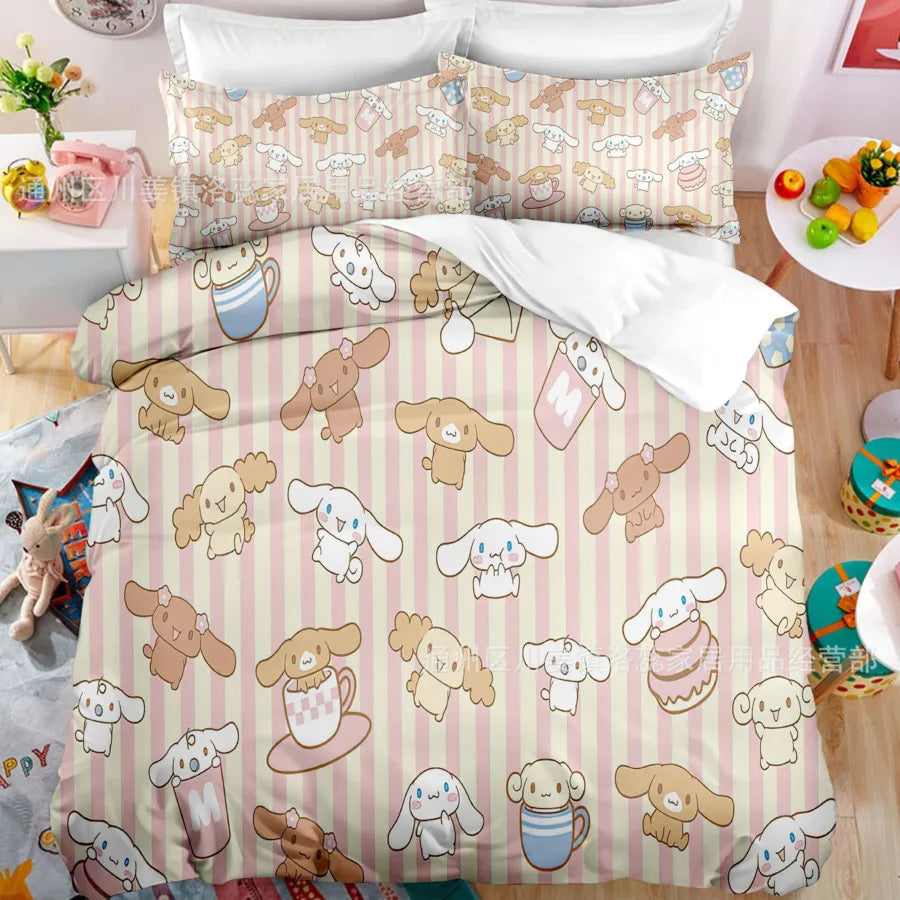 Cartoon Sanrio Duvet Cover Set Kawaii Cinnamoroll Quilt Cover Pillowcase Set Kids Girls Comfortable Bed Set Full Twin King Size