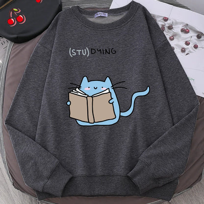 Females Sweatshirts Love Studing Cute Cat Printed Tops Womens Korean Fashion Oversize Sweater Kawaii Animal 2022 New Lady Hoodie