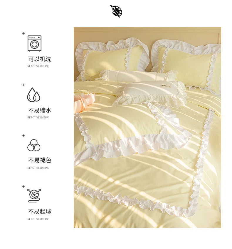 Korean Ins Bedding Set, Luxury Quilt Cover, Pillowcase Flat Bed Sheets, Simple Girl Princess Ruffle Home Textiles