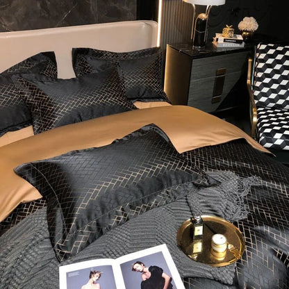 4/6Pcs Luxury Black Gold Yarndyed Jacquard Egyptian Cotton Smooth Duvet Cover Cal King Bedding Set Flat/Fitted Sheet Pillowcases