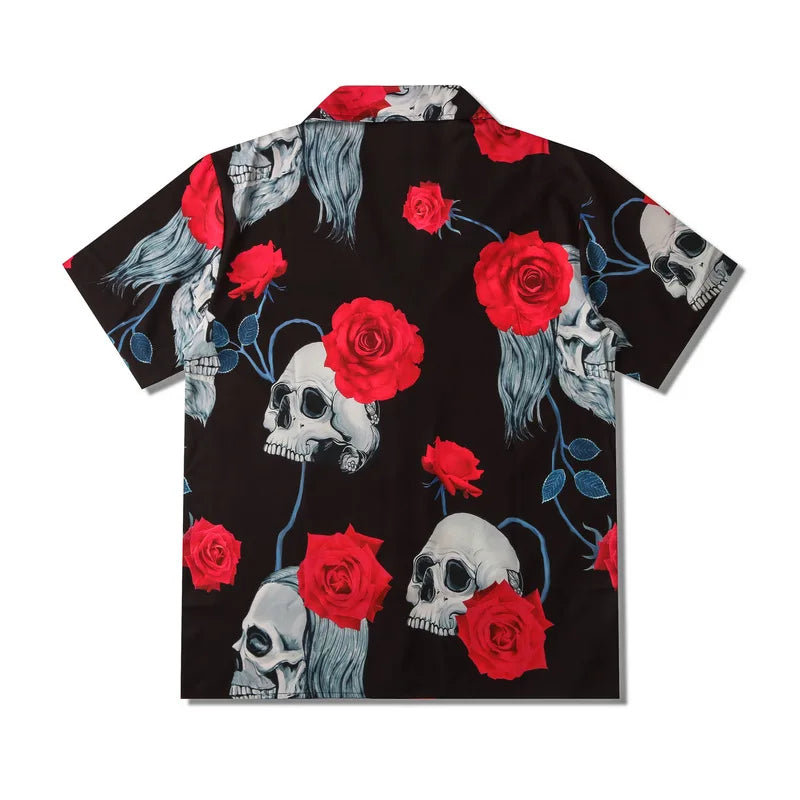 Stylish Flame Skull Printed Hawaiian Shirt Men 2024 Summer New Short Sleeve Beach Shirts Mens Holiday Party Oversized Clothing