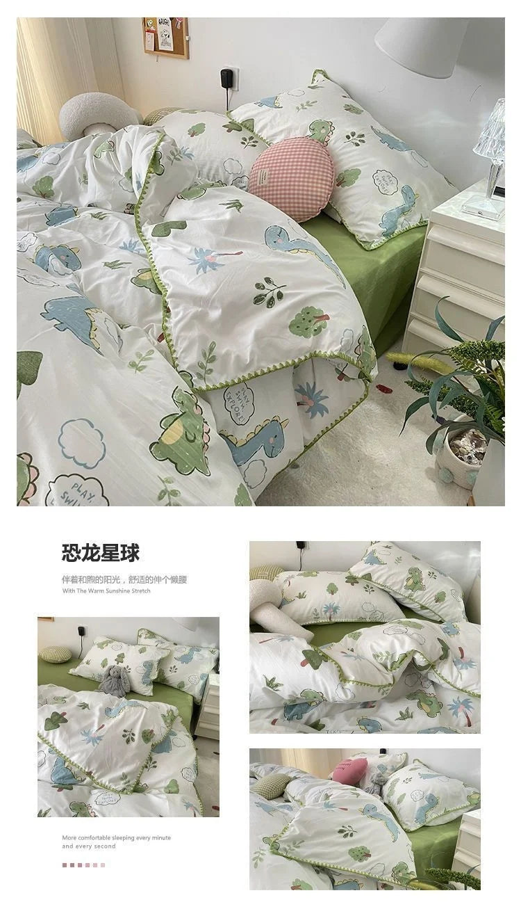 Bedding Set INS Girls Cherry  Soft Washed Cotton Bed Sheet Queen King Size Duvet Set  Comforter Set Pillowcase Bed Linens