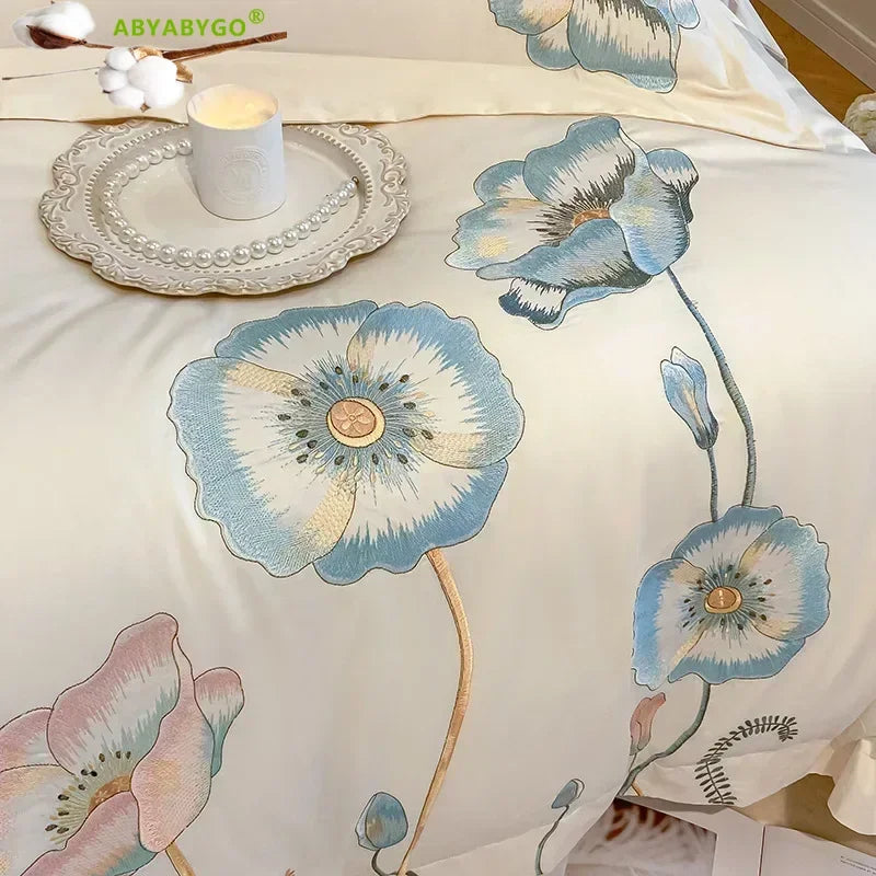 Egyptian Cotton Bedding Set Luxury Embroidery Double Duvet Cover Pure Cotton Flat or Fitted Bed Sheets and Pillowcases Bed Set