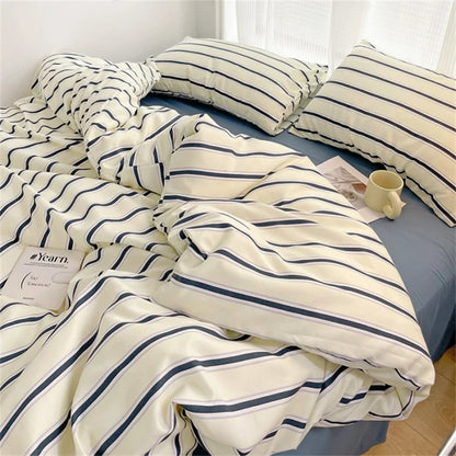 Pure Cotton Home Textile Blue Striped Bedding Set Simple Soft Duvet Cover Sheet Pillowcase Ins Style Bed Linens Queen King Size