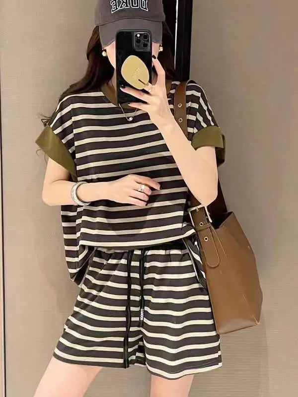 Women Striped Clothing Sets Short Sleeve T-shirt+Drawstring Shorts Two Pieces Suits Summer Loose Tracksuit Ladies Casual Outfits