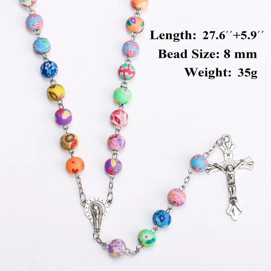 New Religion Cross Pendant Rosary Necklaces For Women Colorful Soft Pottery Beads long Chain Virgin Mary Jewelry