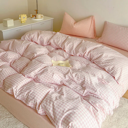 Simple Pink Stripe Bedding Set Washed Cotton Bed Flat Sheet Pillowcase Full Queen Bed Linen Adult Kids Duvet Cover Set No Filler