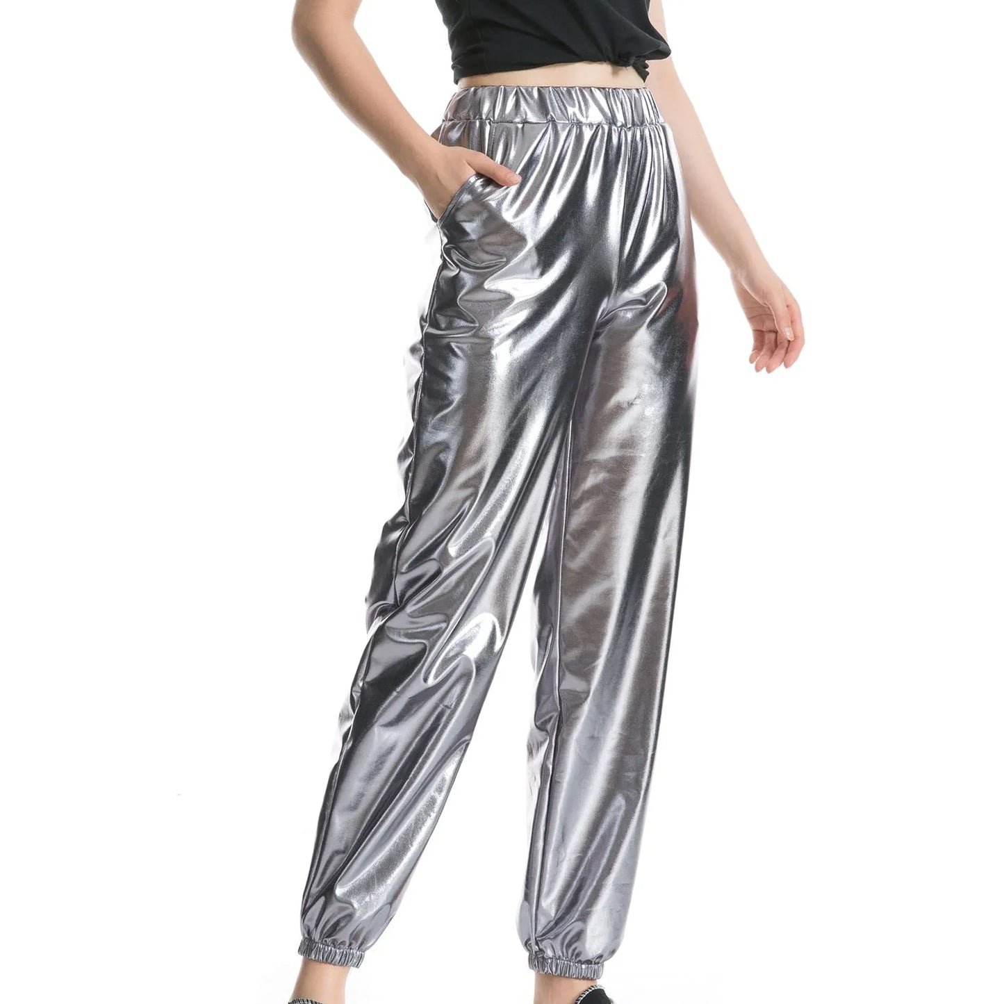 Women's Shiny Trousers Elastic Sports Loose Leisure Casual Long Trousers Sweatpants Jogging Bottoms Stretch Leggings Party