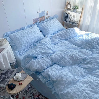 Quilt Cover INS Girl Blue Solid Color Seersucker Ruffles Lace Bedding Set Kawaii  Soft Sheet Woman Duvet Cover Pillow Covers