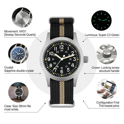 Militado ML05 Vintage Quartz Watch AR Sapphire Crystal Luminous VH31 Movement Watches 38mm Stainless Steel Men Wristwatch