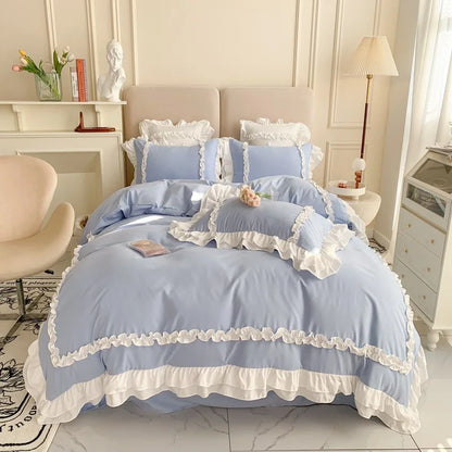 Elegant Lace Bedding Sets Luxury Bed Linen Princess Washed Cotton Ruffle Duvet Cover Bed Sheet and Pillowcases for Girl Luxury