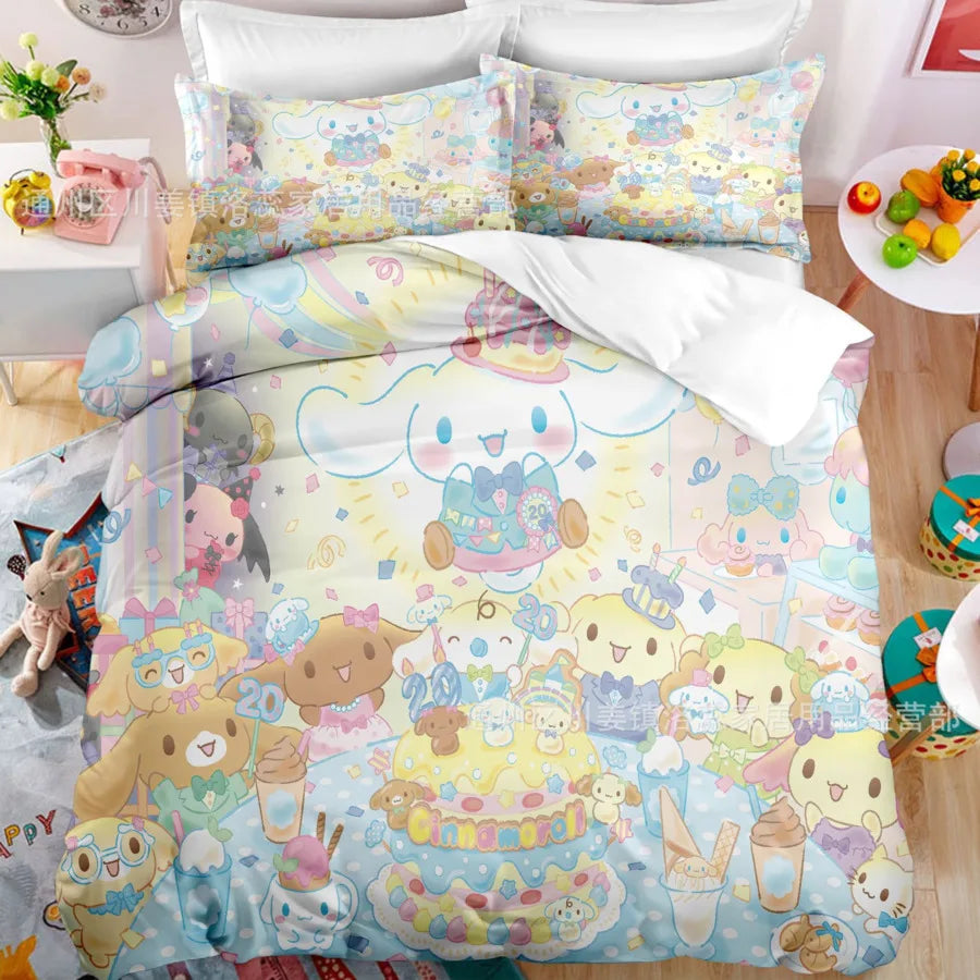 Cartoon Sanrio Duvet Cover Set Kawaii Cinnamoroll Quilt Cover Pillowcase Set Kids Girls Comfortable Bed Set Full Twin King Size