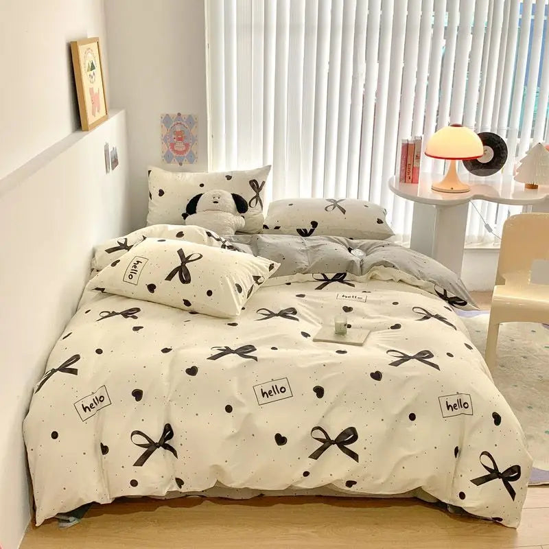 Ins Black Bowknot Bedding Set Polyester Bed Flat Sheet Duvet Cover Twin Full Queen Princess Style Bed Linen Girls Quilt Cover