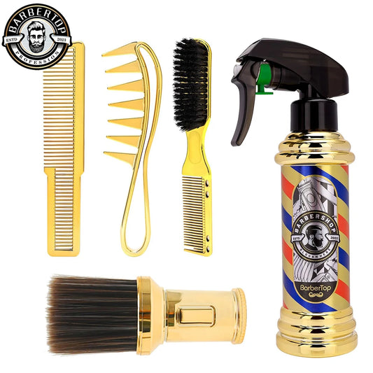 5PCS Salon Hair Styling Tools Set Gold Barber Spary Bottle Haircut Scissors Men Manual Shaver Salon Hair Cleaning Brush Tool