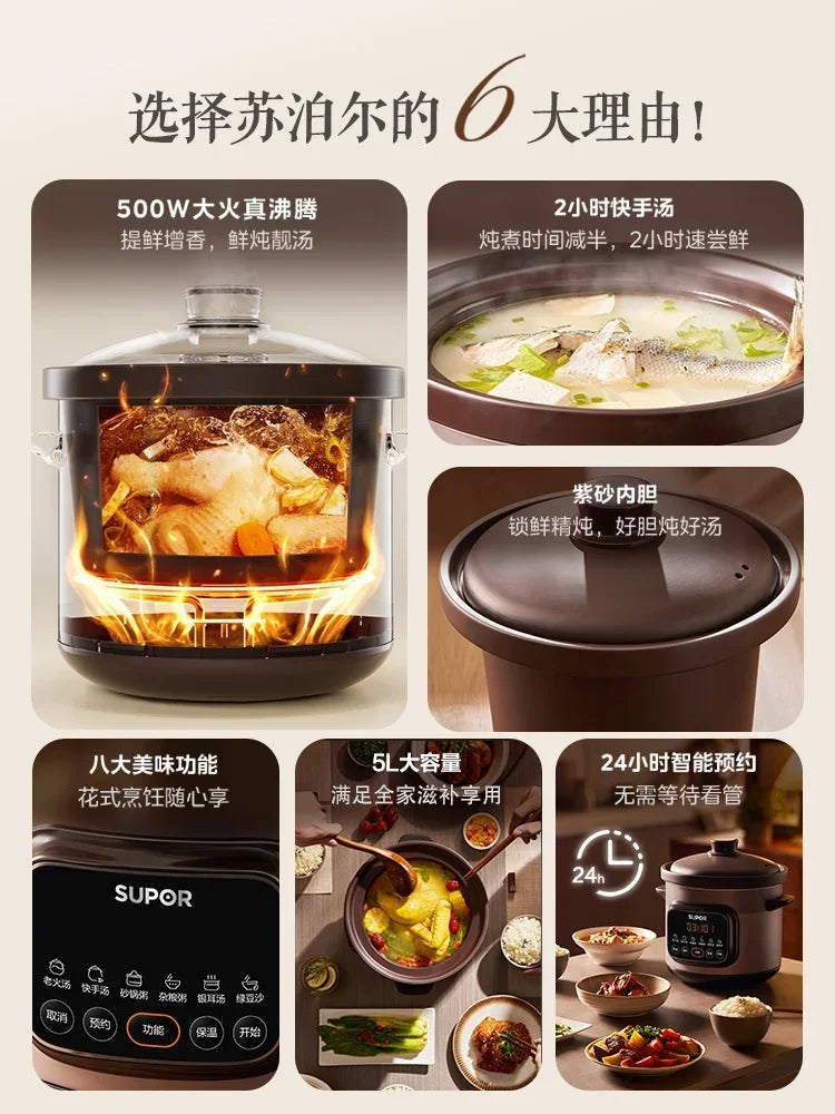 Electric Stew Pot - Household, Purple Clay, Ceramic, Porridge, Fully Automatic Appliance.