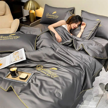 Luxury Embroidery Summer Simple Cool Ice Silk Quilt Breathable Queen Quilts Cooling Comforter Bedding Sets Ice Rayon Blanket