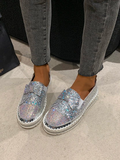 Fashion Women Shoes Shining Rhinestone Loafer Bowknot Slip-on Thick Botton Casual Ladies Crystal Female Platform Sneakers Sports