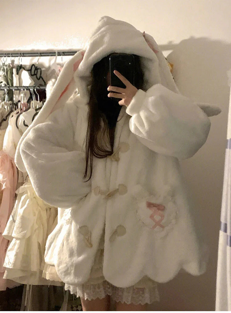 Japanese White Kawaii Plush Sweatshirt Jacket Casual Warm Rabbit Ears Hoodies Female Autumn Winter Cute Bow Sweatshirts Coats