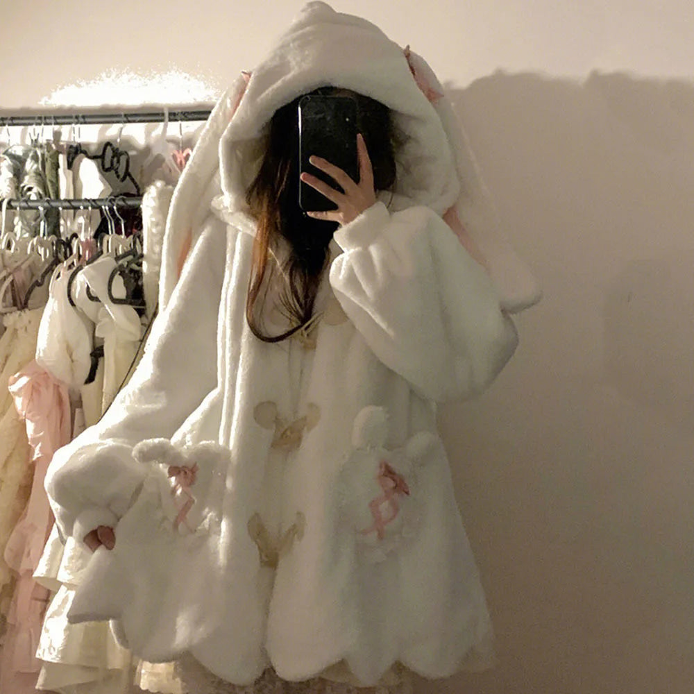 Japanese White Kawaii Plush Sweatshirt Jacket Casual Warm Rabbit Ears Hoodies Female Autumn Winter Cute Bow Sweatshirts Coats